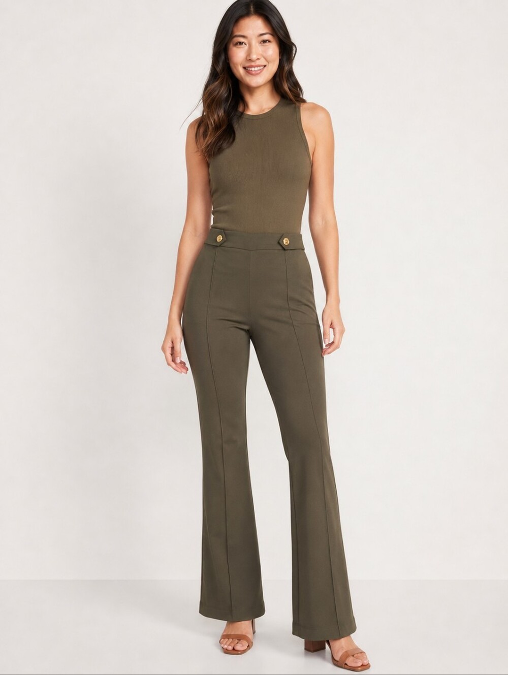 ❤️ MICHAEL MICHAEL KORS PULL ON FLARE PONTE KNIT PANTS, OLIVE GREEN, SMALL